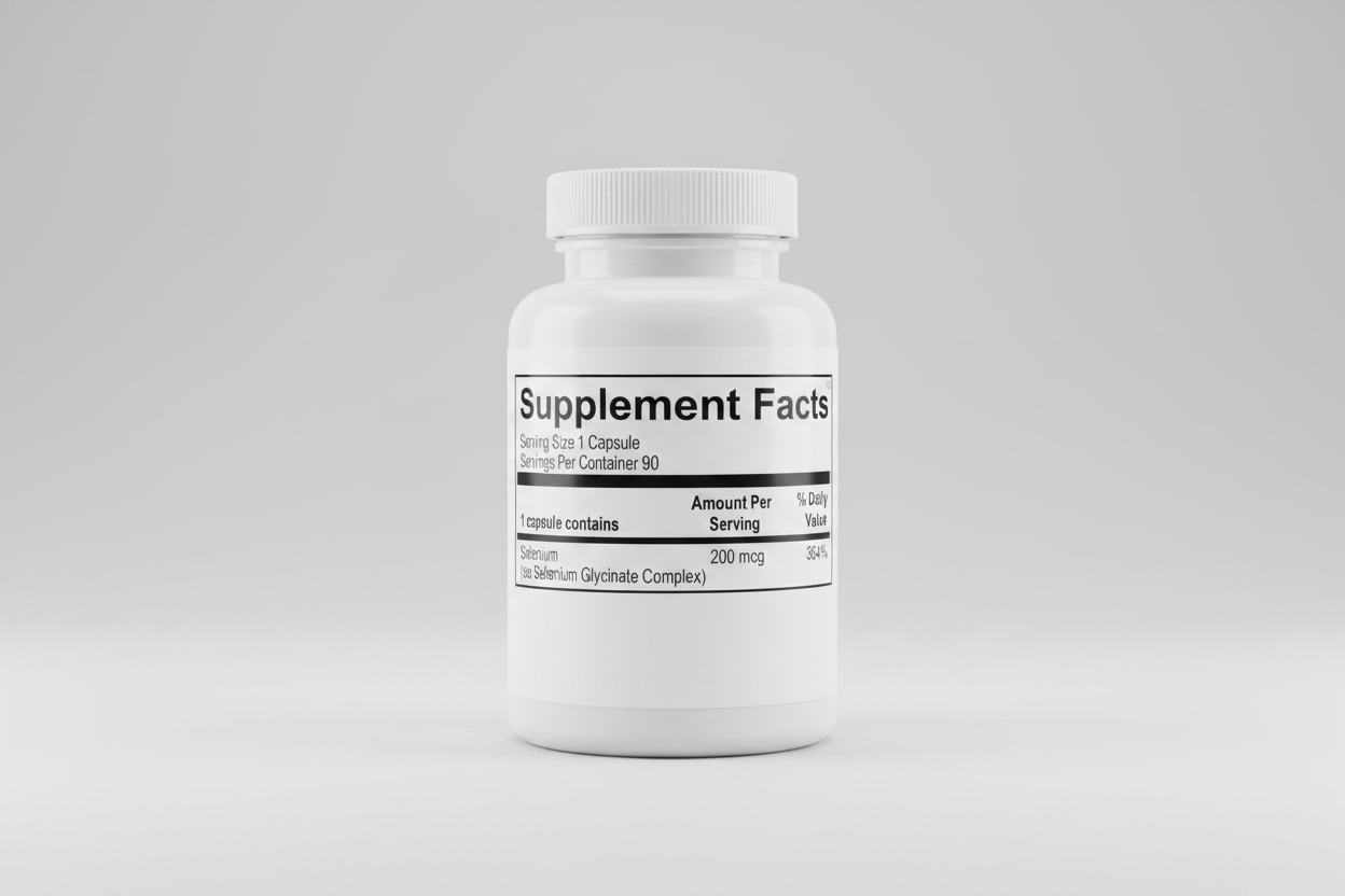 Supplement facts label for a selenium supplement capsule