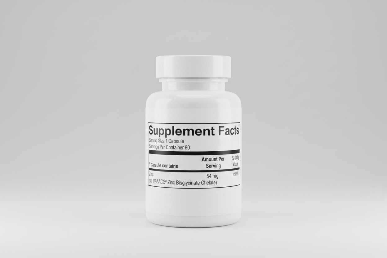 Supplement facts label with zinc content on a white background