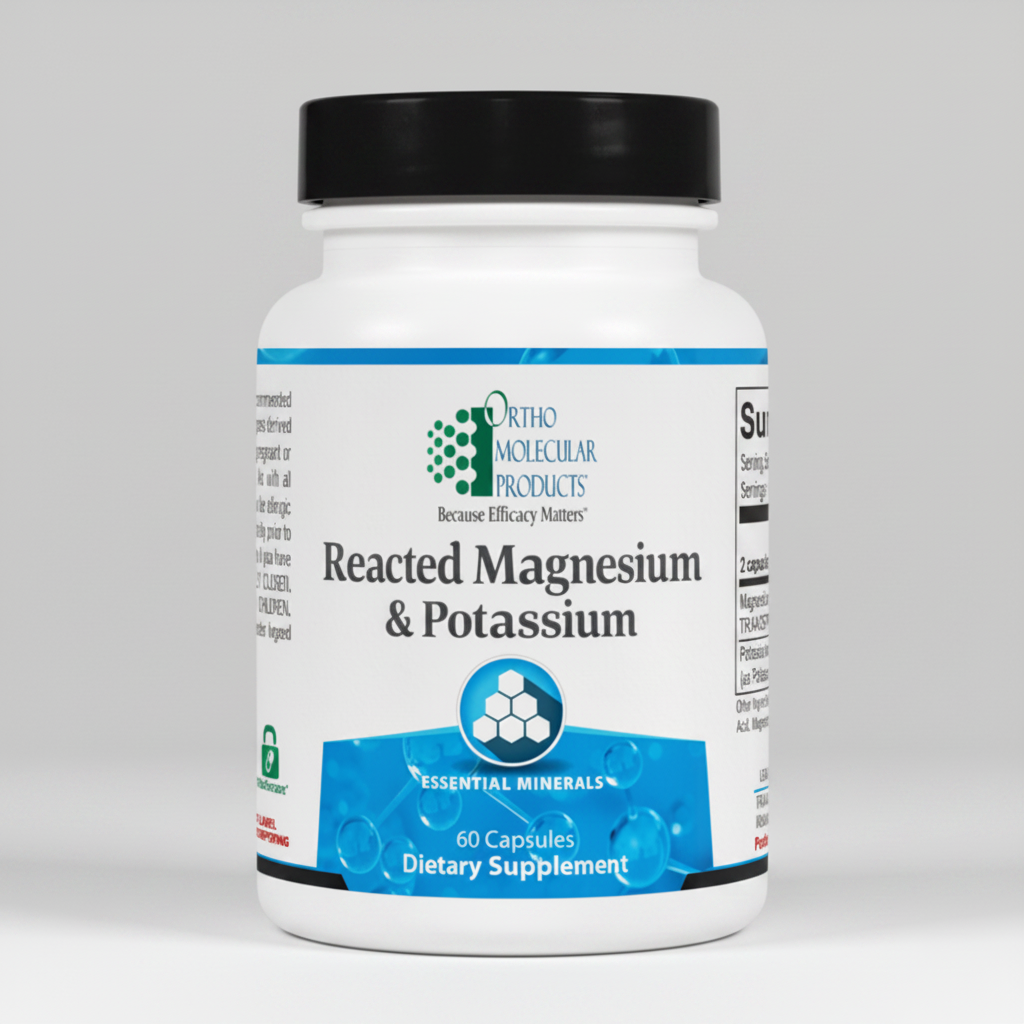 Supplement bottle labeled 'Reacted Magnesium & Potassium' by Ortho Molecular Products on a white background.