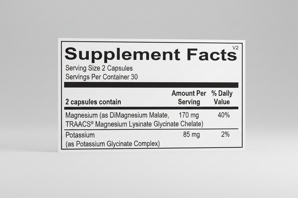 Supplement facts label with magnesium and potassium information on a black background