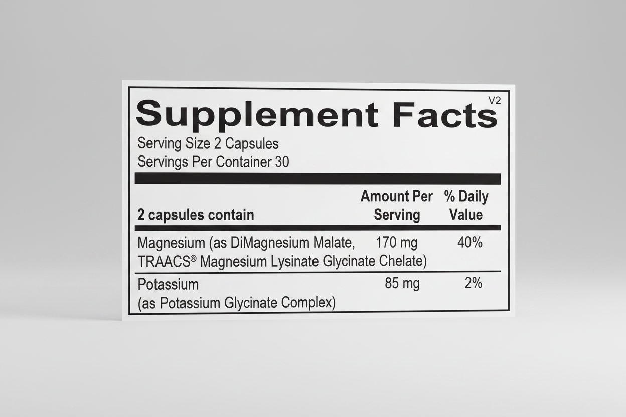 Supplement facts label with magnesium and potassium information on a black background