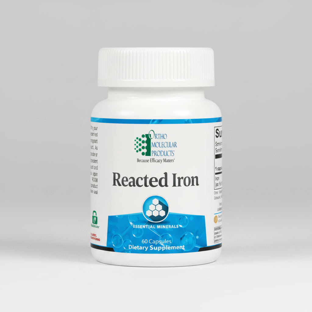 Supplement bottle labeled 'Reacted Iron' by Ortho Molecular Products on a white background