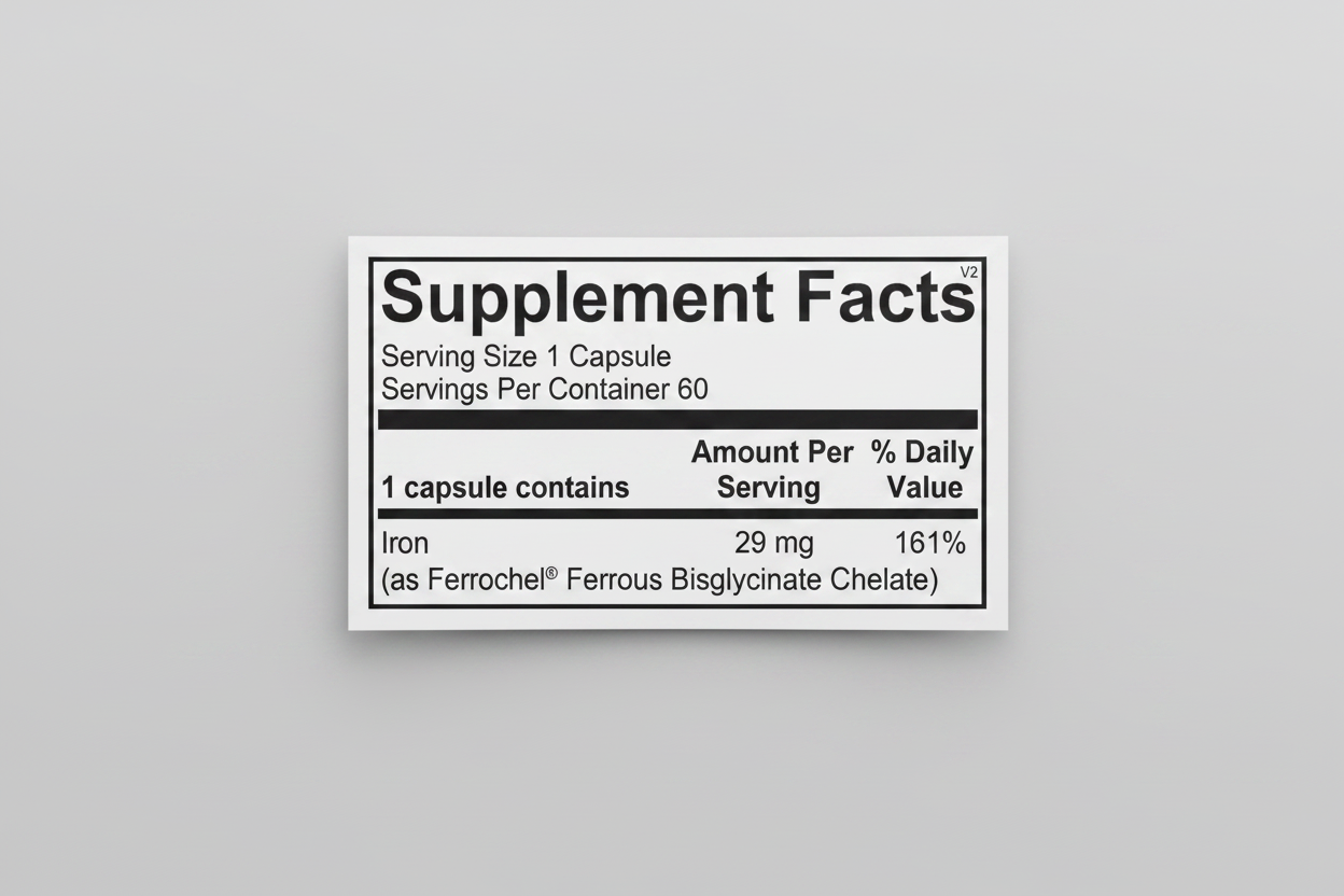 Supplement facts label for a capsule containing iron