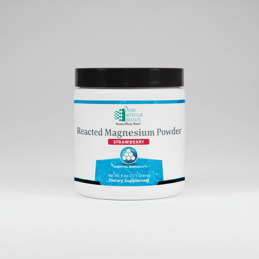 Jar of Ortho Molecular Products Reacted Magnesium Powder Strawberry flavor on a white background
