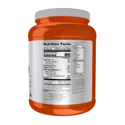 NOW Sports Organic Pea Protein — Unflavored, 15 g Protein, 2‑Scoop Serving