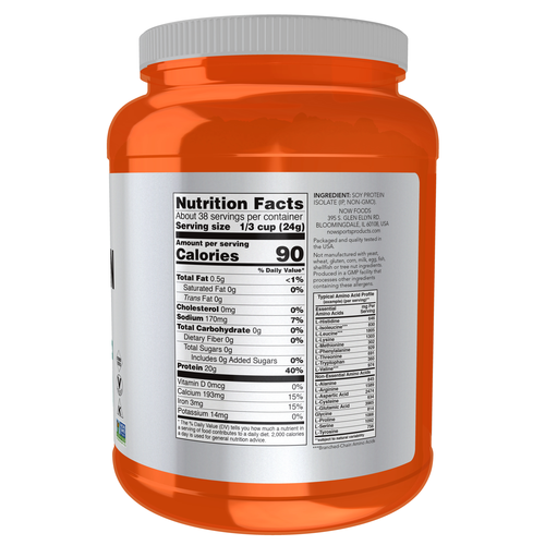NOW Sports Soy Protein Isolate Unflavored 2 lb | 20g Protein