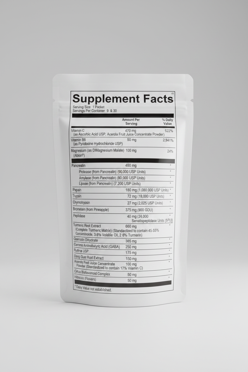 Supplement facts label with detailed nutritional information on a white background