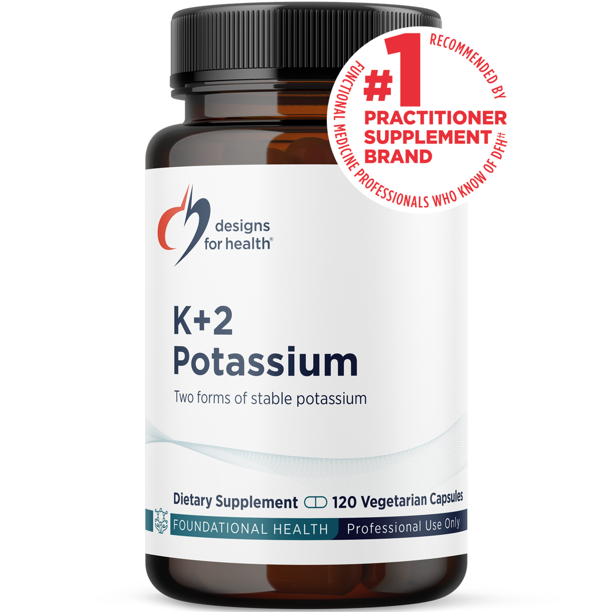 Designs for Health K+2 Potassium 120 capsules front label