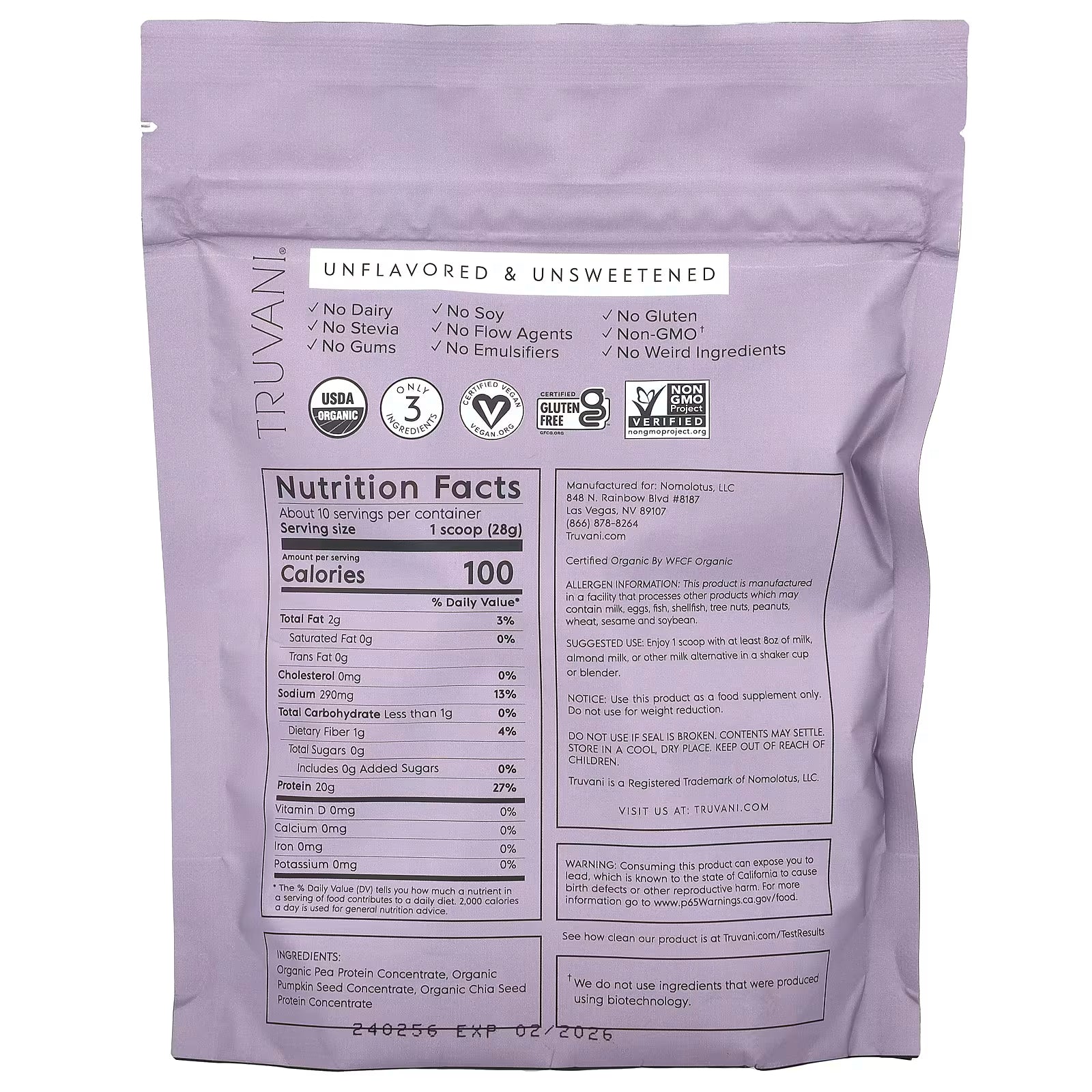 Truvani Unflavored Plant Protein Powder 10 Servings