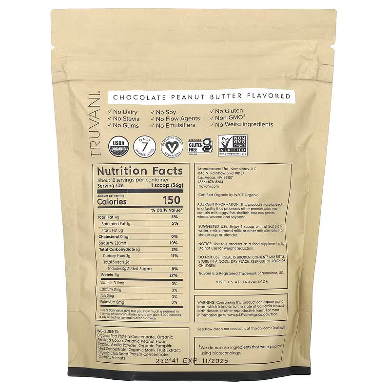 Truvani Chocolate Peanut Butter Plant Protein Powder 10 Servings