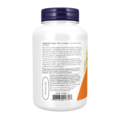 NOW Foods Flax Oil 1000 mg Plant-Based ALA Omega-3 | 100 Softgels
