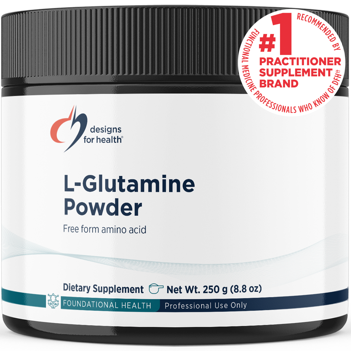 Designs for Health L-Glutamine Powder 250 g (8.8 oz) powder front label