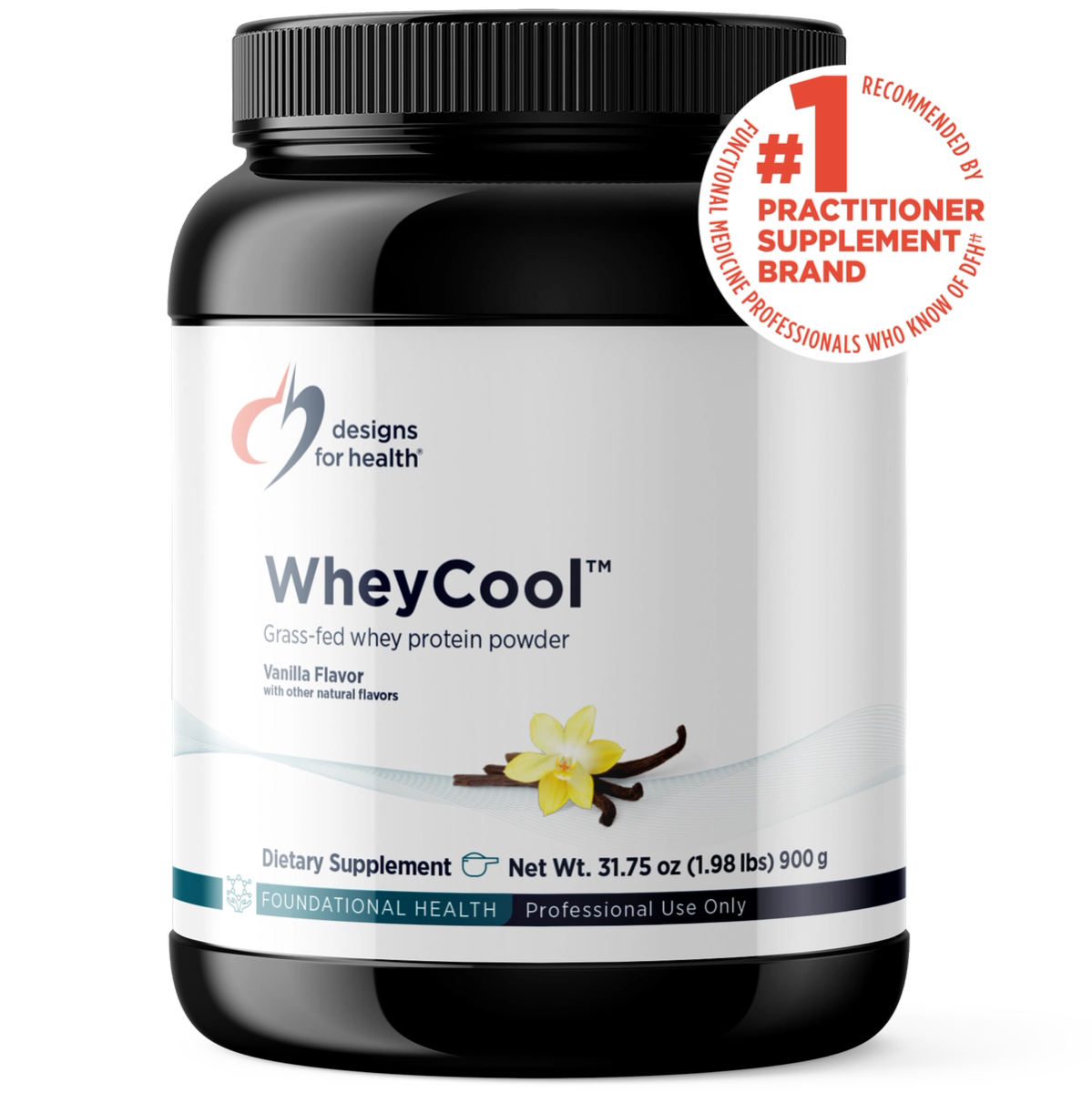 Designs for Health WheyCool Vanilla 31.75 oz (1.98 lbs) 900 g front label