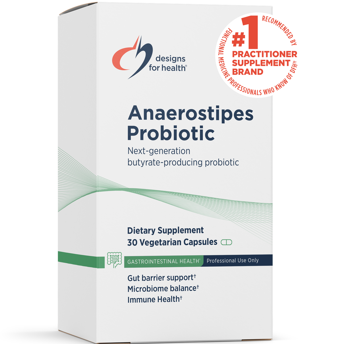 Designs for Health Anaerostipes Probiotic 30 vegetarian capsules front label