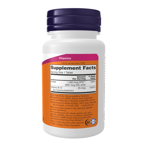 NOW Foods Folic Acid 800 mcg with Vitamin B-12 100 Tablets