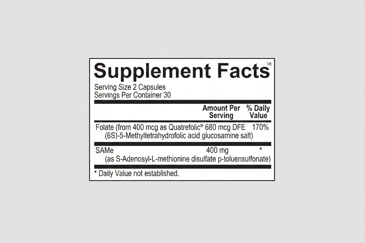 Supplement facts label with detailed nutritional information on a white background
