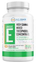 Supplement bottle labeled 'Unique E' with A.C. Grace Company branding on a white background