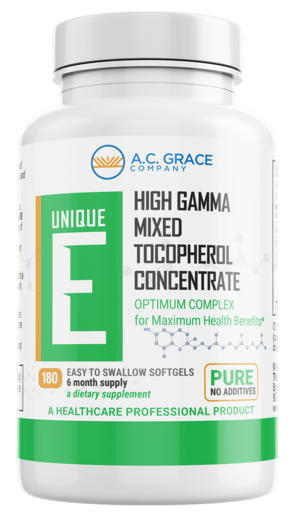 Supplement bottle labeled 'Unique E' with A.C. Grace Company branding on a white background
