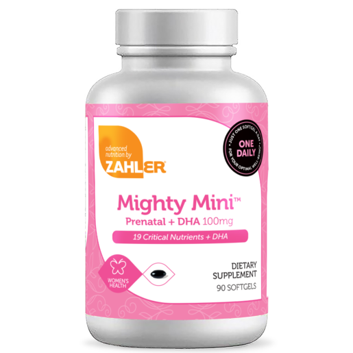 Zahler Mighty Mini Prenatal + DHA - 90 Softgels bottle and packaging