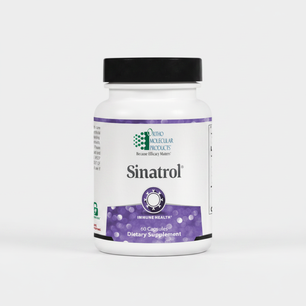 Supplement bottle labeled 'Sinatrol' by Ortho Molecular Products on a white background