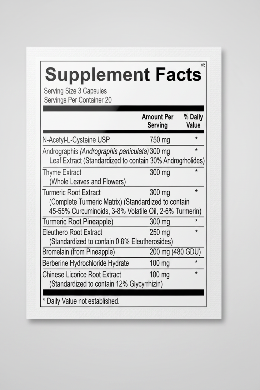 Supplement facts label with various health claims on a black background