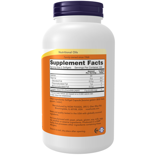 NOW Foods Pumpkin Seed Oil 1000mg 200 Softgels | Cold-Pressed Botanical Oil