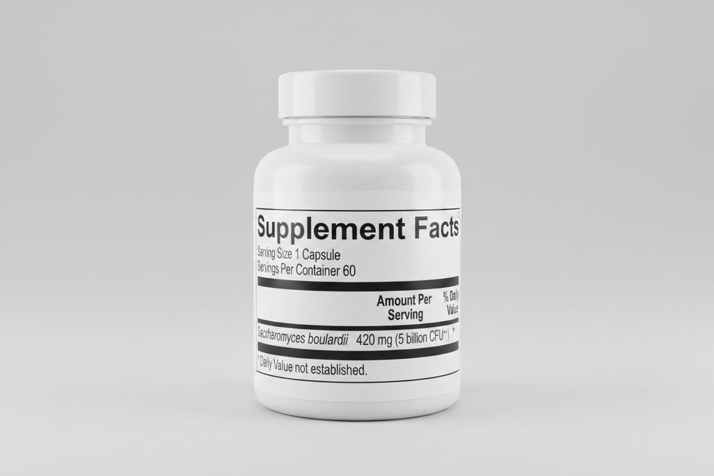 Supplement facts label with Saccharomyces boulardii content on a white background