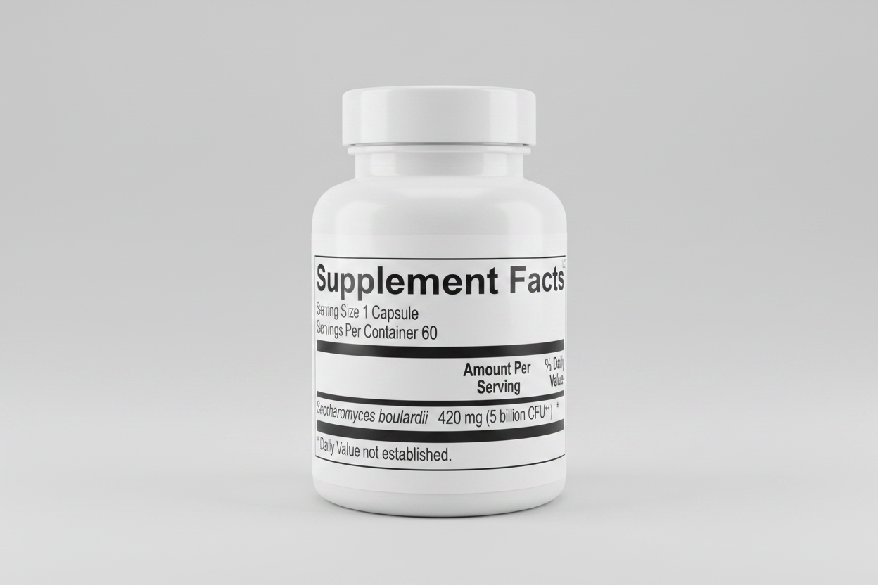 Supplement facts label with Saccharomyces boulardii content on a white background