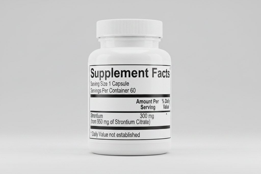 Supplement facts label for a product containing Strontium with serving size and container details.