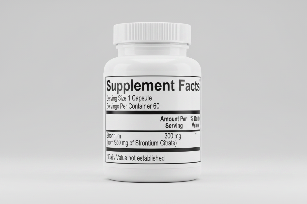 Supplement facts label for a product containing Strontium with serving size and container details.