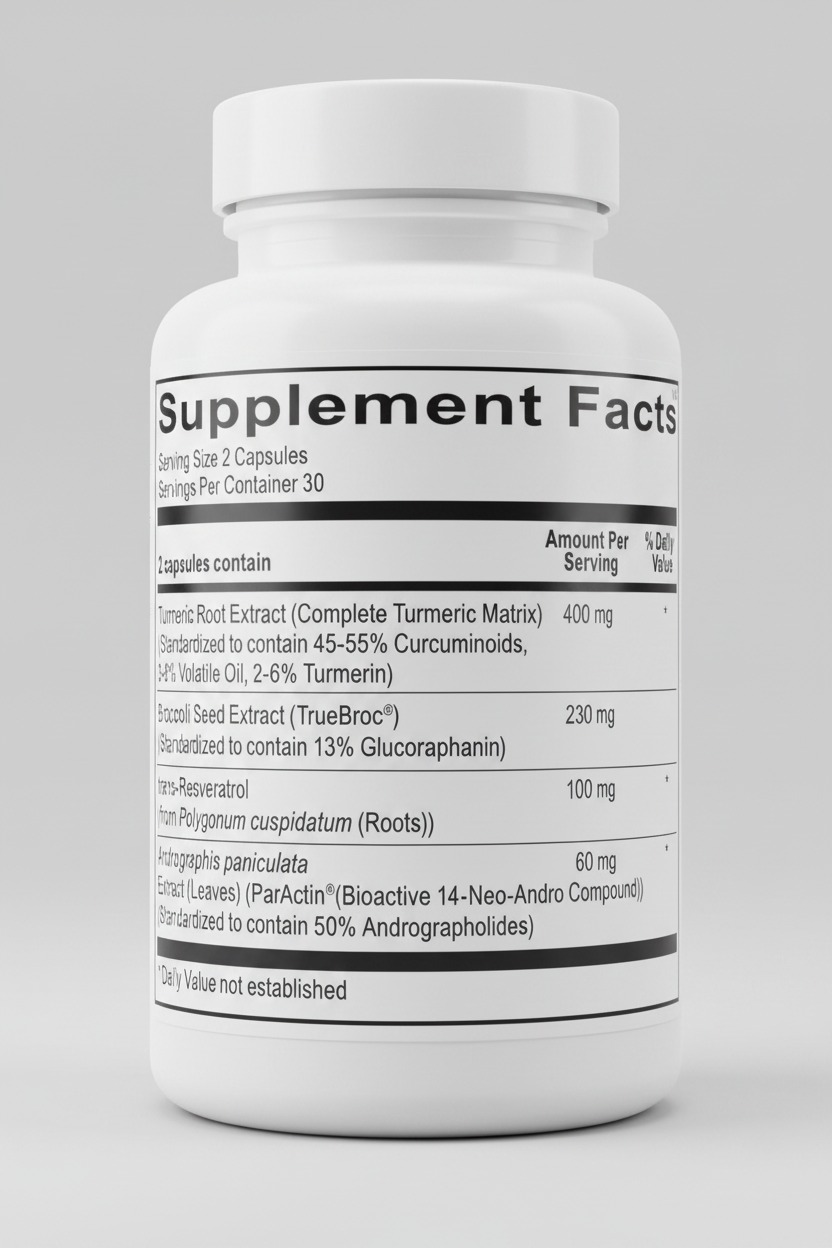 Supplement facts label with various extracts and their amounts per serving
