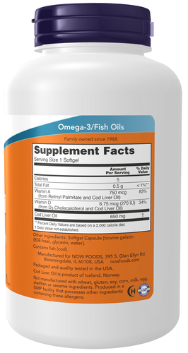 NOW Foods Cod Liver Oil 650 mg 250 Softgels | Omega-3 + Vitamins A & D
