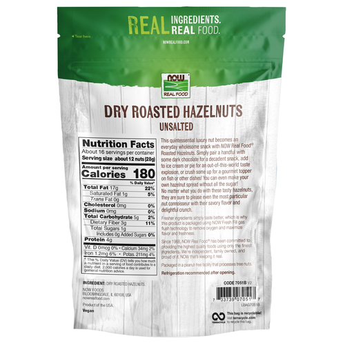 NOW Foods Dry Roasted Unsalted Hazelnuts 16 oz