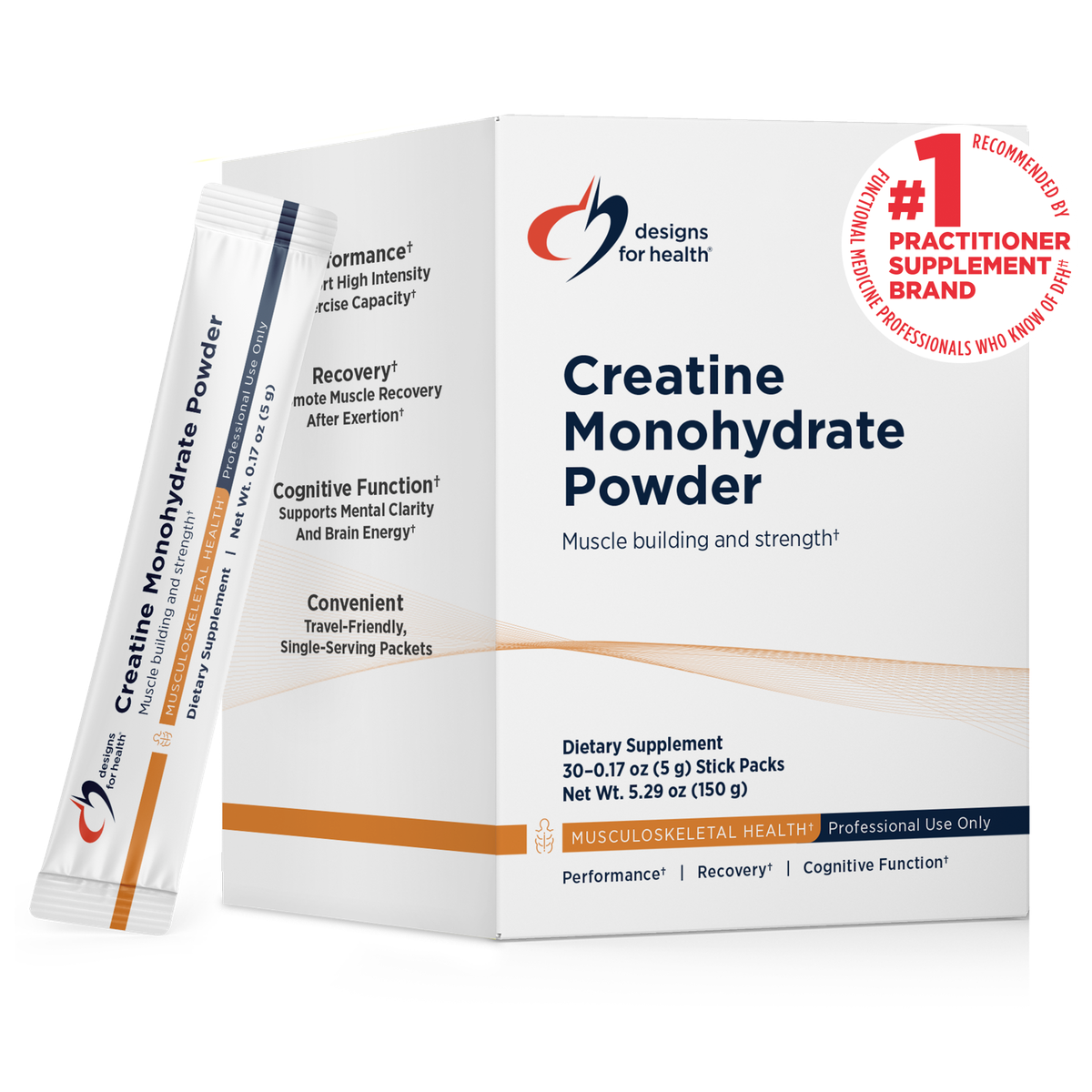 Designs for Health Creatine Monohydrate Powder 30-0.17 oz (5 g) Stick Packs front label