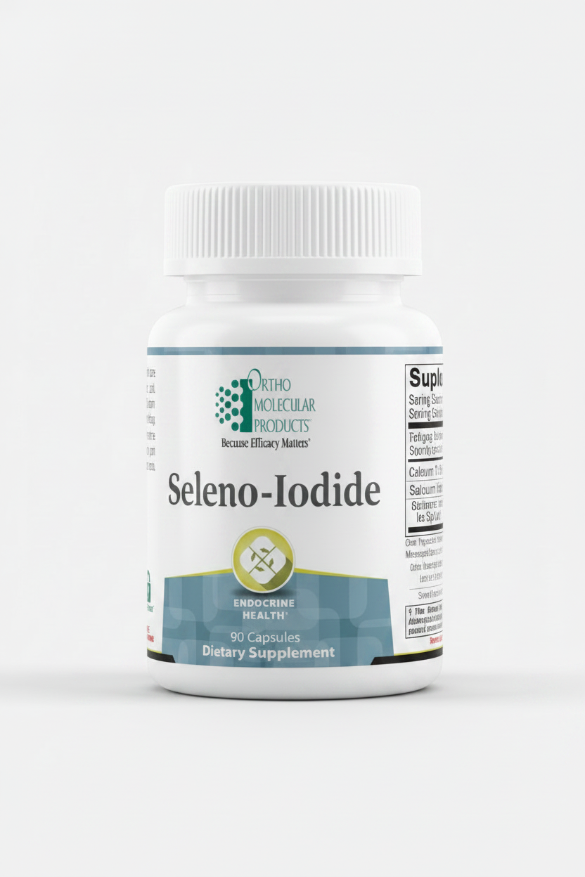 Supplement bottle labeled 'Seleno-Iodide' by Ortho Molecular Products on a white background
