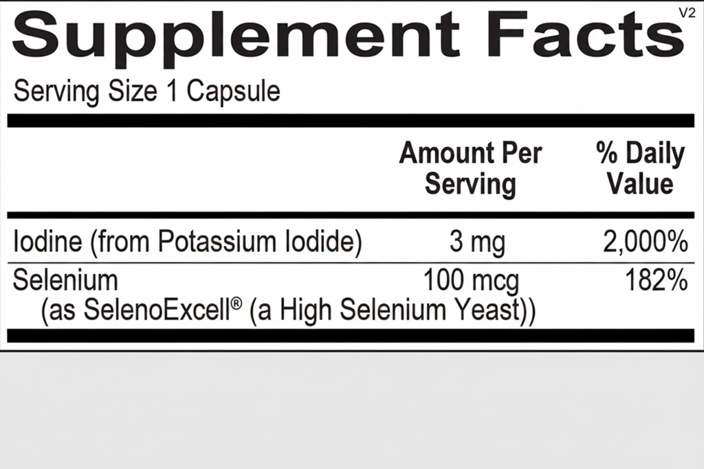Supplement facts label with iodine and selenium content on a black background