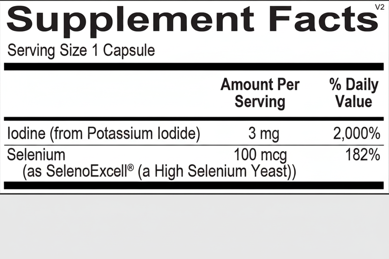 Supplement facts label with iodine and selenium content on a black background