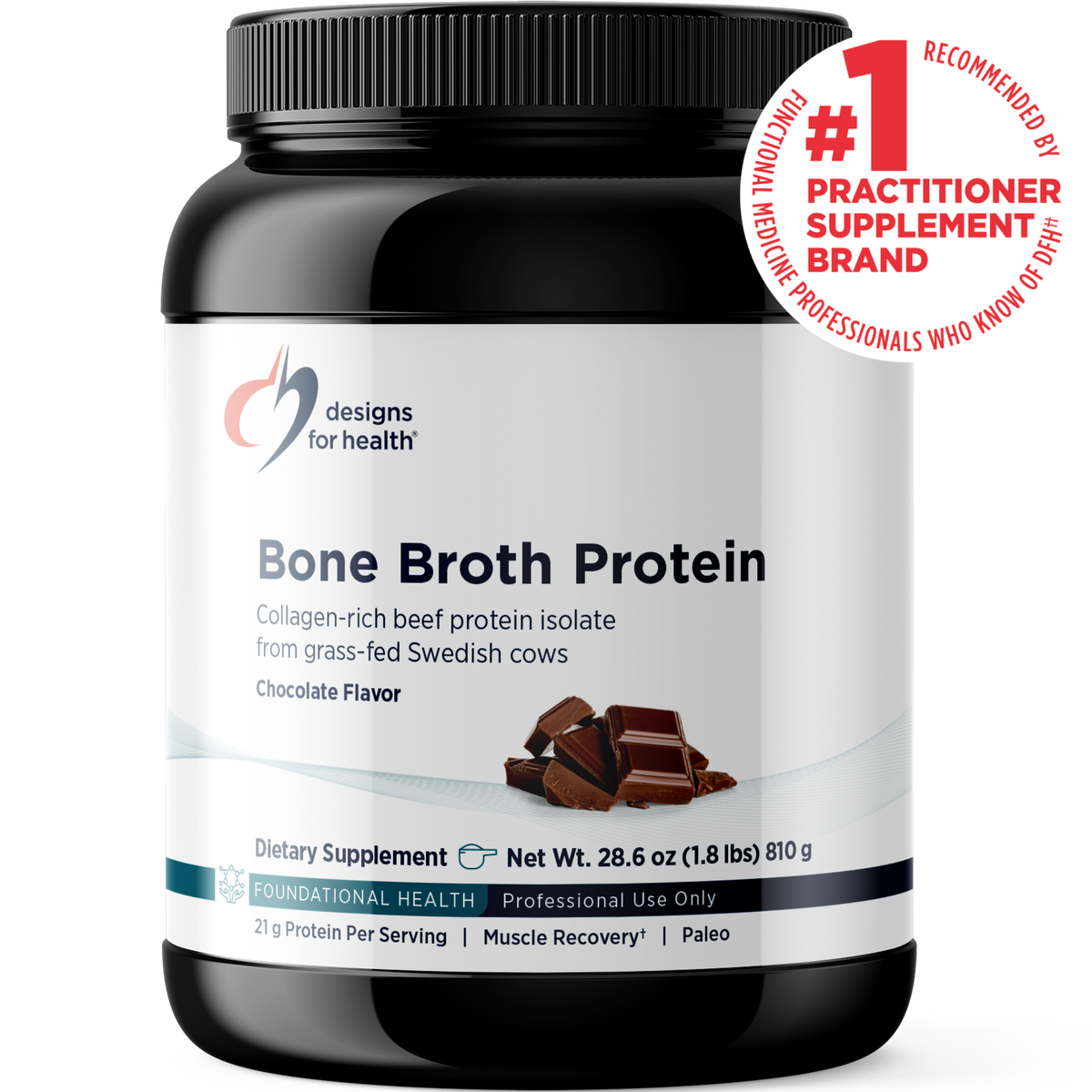 Designs for Health Bone Broth Protein Chocolate 810 g front label