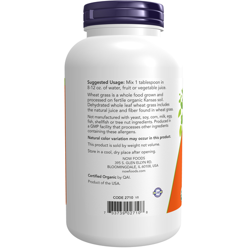 NOW Foods Organic Wheat Grass Powder 9 oz | Green Superfood