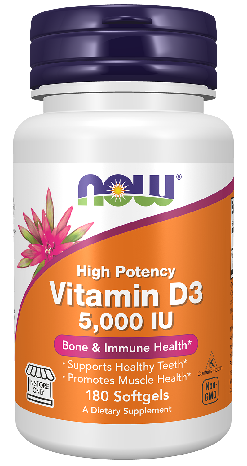 NOW Foods Vitamin D3 5000 IU - 180 Softgels front package image