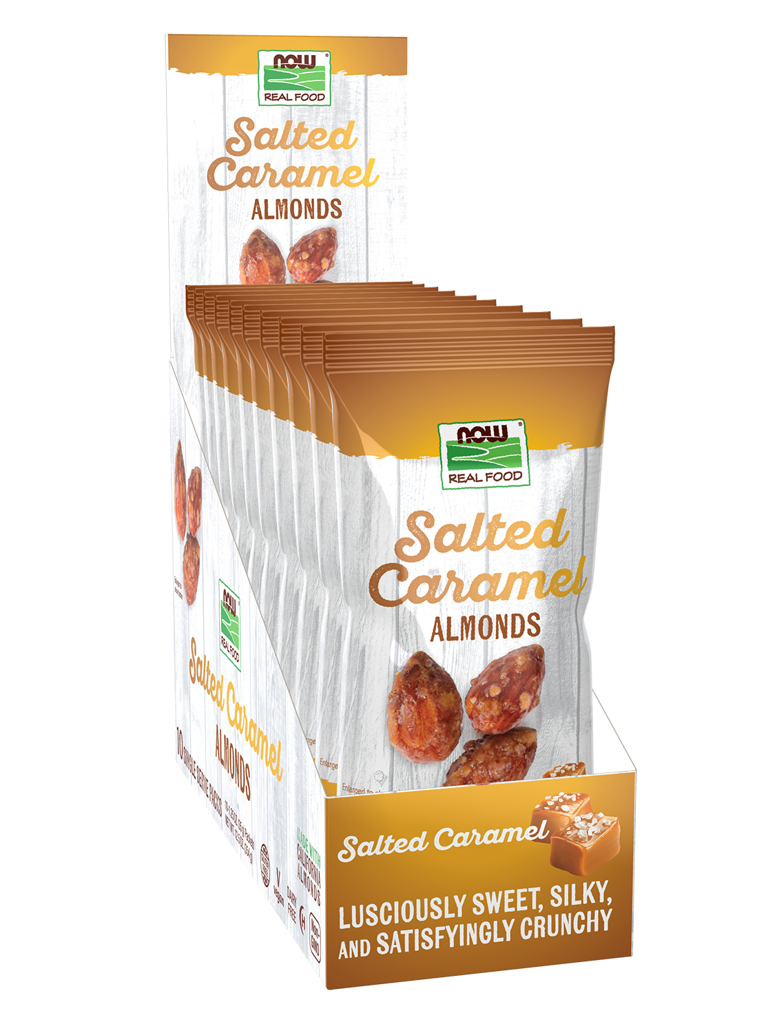NOW Foods Almonds, Salted Caramel - 10 - 1.25 oz. (35g) Packets front package image