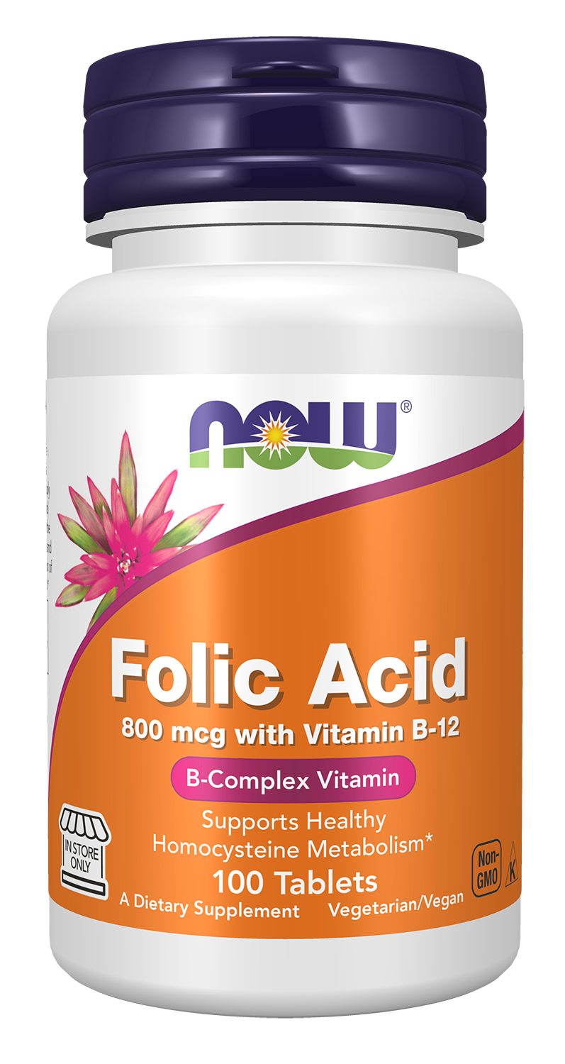 NOW Foods Folic Acid 800 mcg with Vitamin B-12 - 100 Tablets front package image