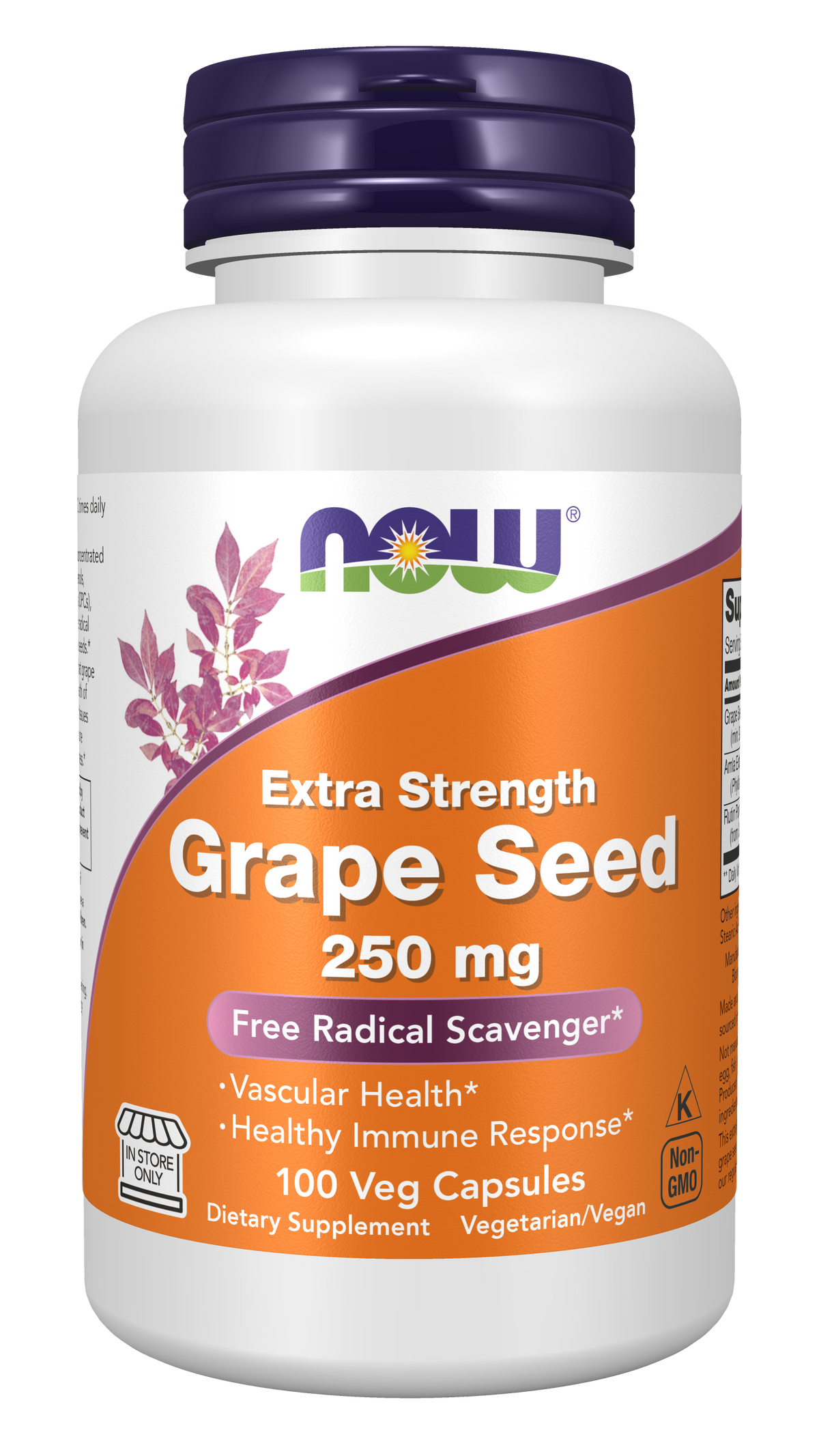 NOW Foods Grape Seed, Extra Strength 250 mg - 100 Veg Capsules front package image