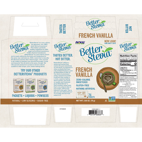 NOW Foods BetterStevia French Vanilla 75 Packets | Zero Calorie Sweetener