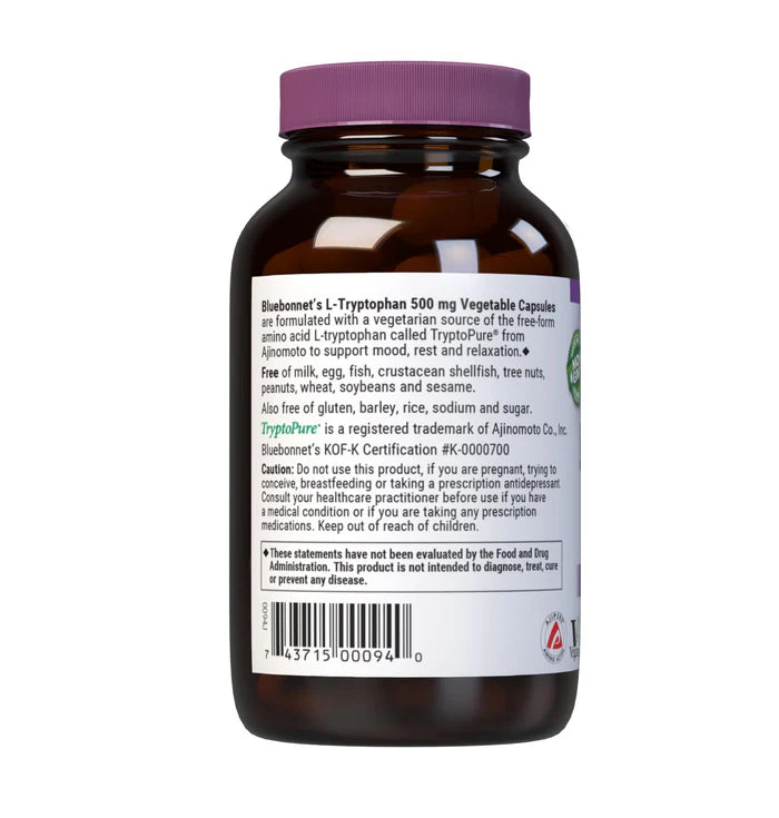Bluebonnet L-Tryptophan 500 mg – 60 Vegetable Capsules
