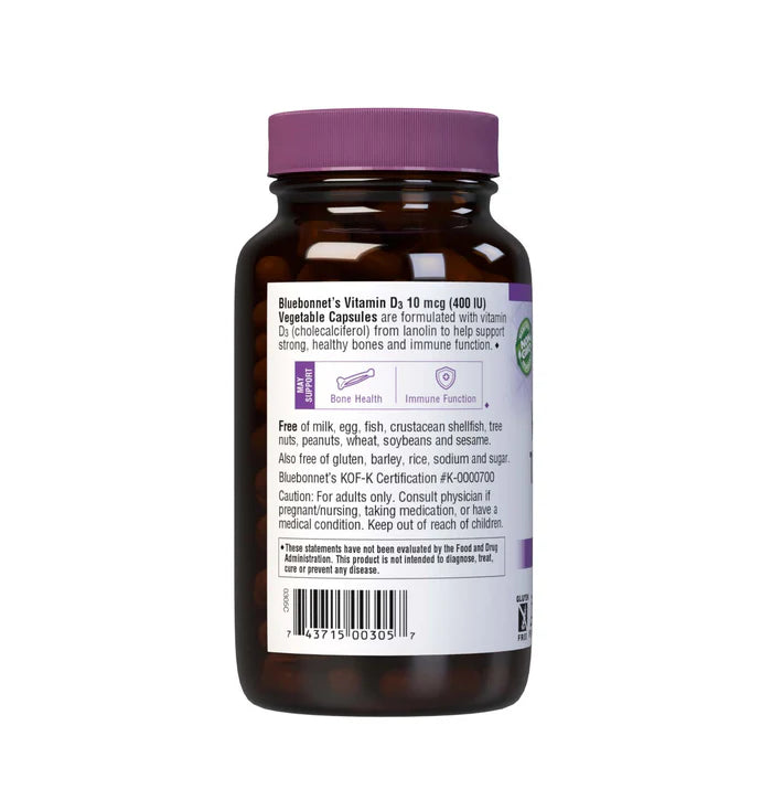 Bluebonnet Vitamin D3 400 IU – 180 Vegetable Capsules