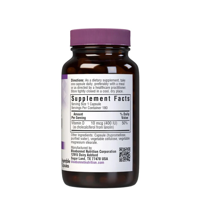 Bluebonnet Vitamin D3 400 IU – 180 Vegetable Capsules