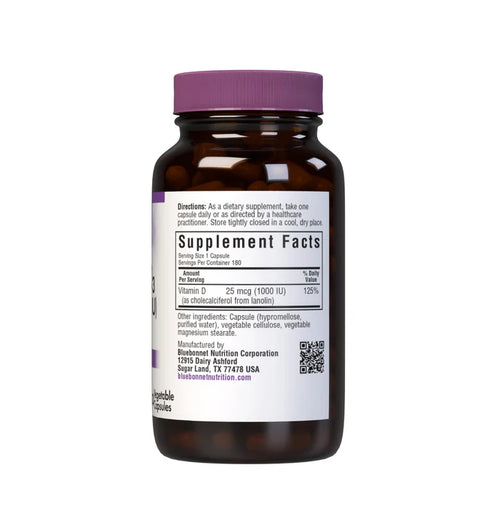 Bluebonnet Vitamin D3 1000 IU 25 mcg 180 Vegetable Capsules