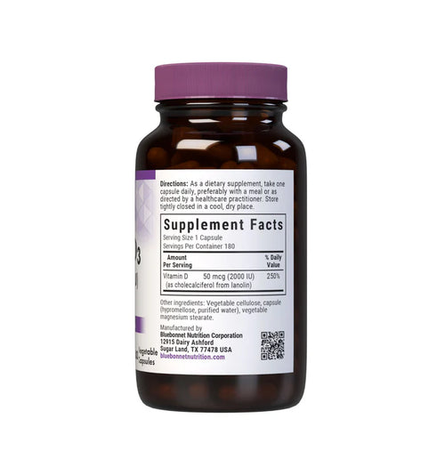Bluebonnet Vitamin D3 2000 IU 50 mcg 180 Vegetable Capsules