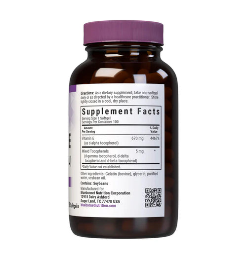 Bluebonnet Vitamin E 1000 IU 670 mg with Mixed Tocopherols 100 Softgels